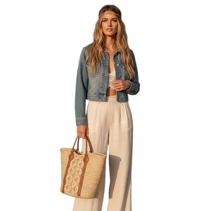 Paige Cropped Button Front Denim Trucker ‘Leanna’ Jacket Blue Size XS